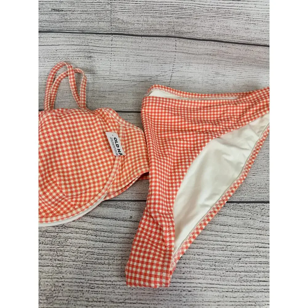 Old Navy Plus Size Cream & Coral Gingham Matching Bikini Swim Set Size 3X